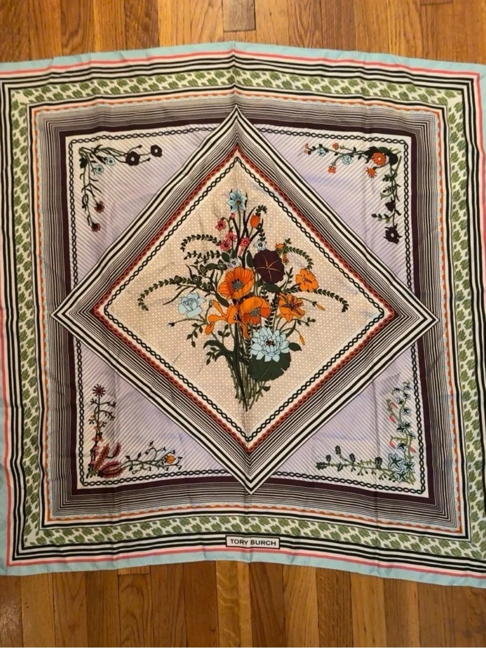 Tory Burch Floral Silk Square Scarf in Orange, Blue, Green and Cream